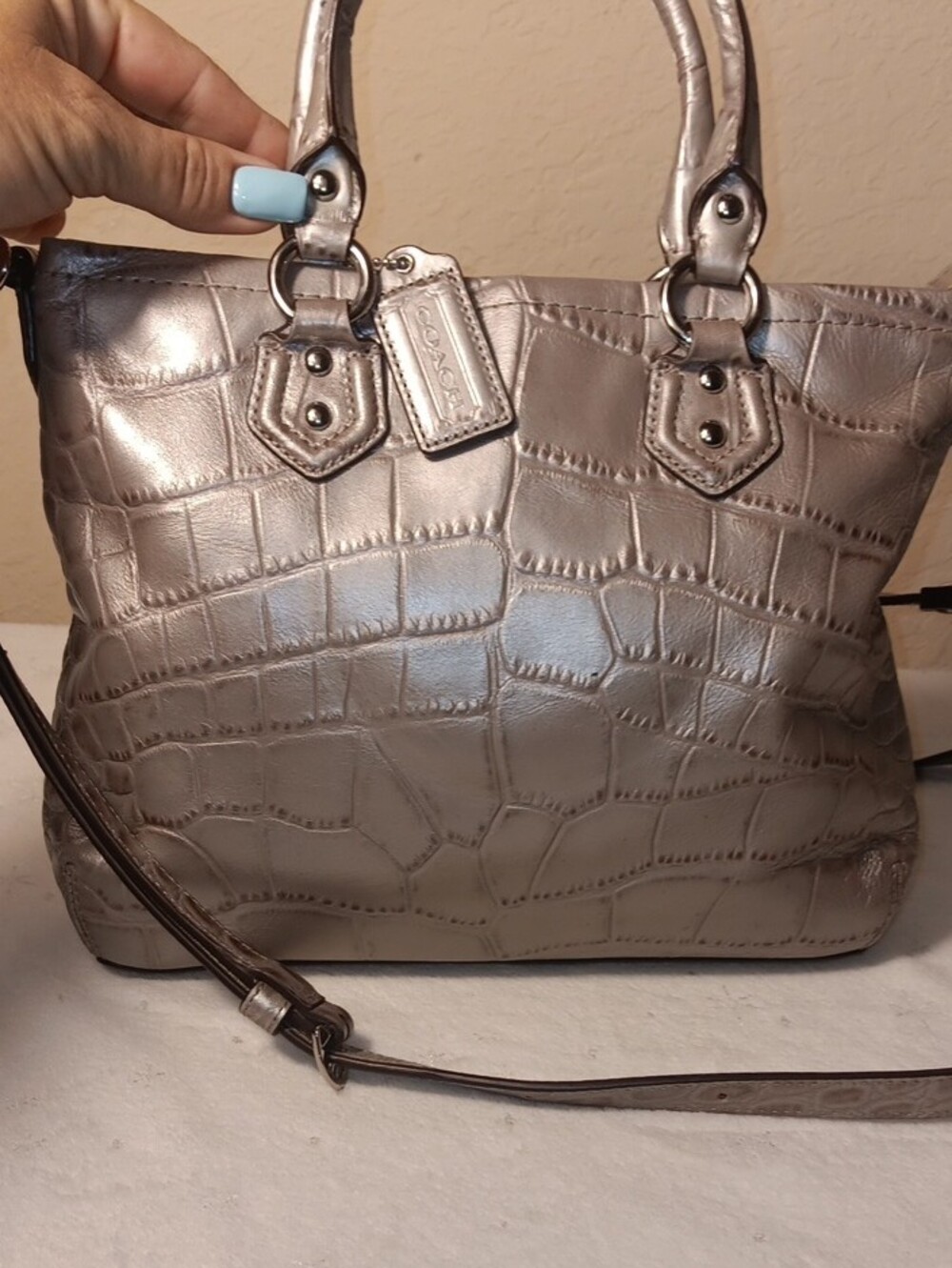 Coach Ashley Metallic Croc-Embossed Mini Tote Bag (F20344) in Silver - Picture 4 of 16